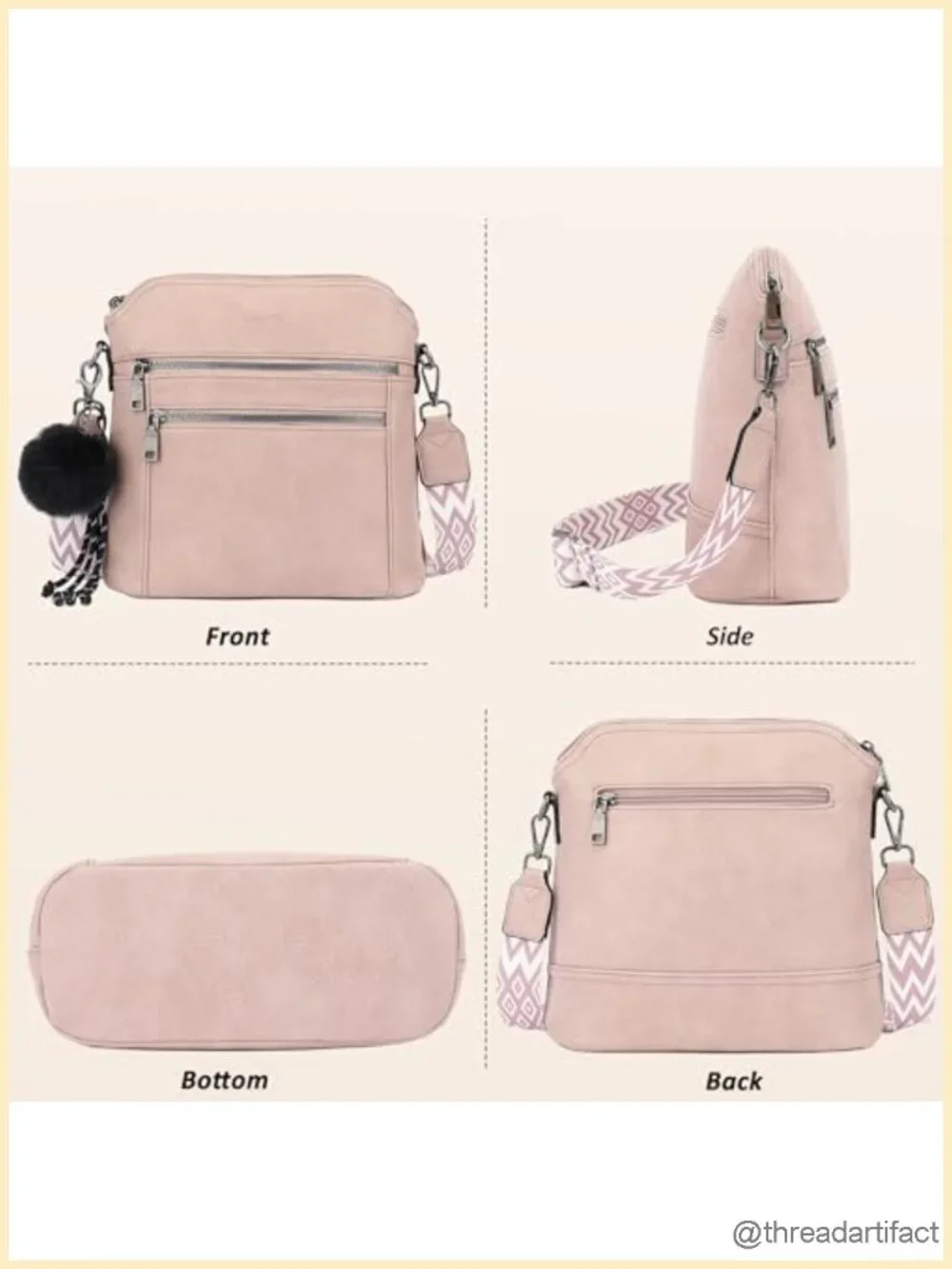 Vegan Leather Crossbody Hobo Bag with Wide Strap & Pom-Pom